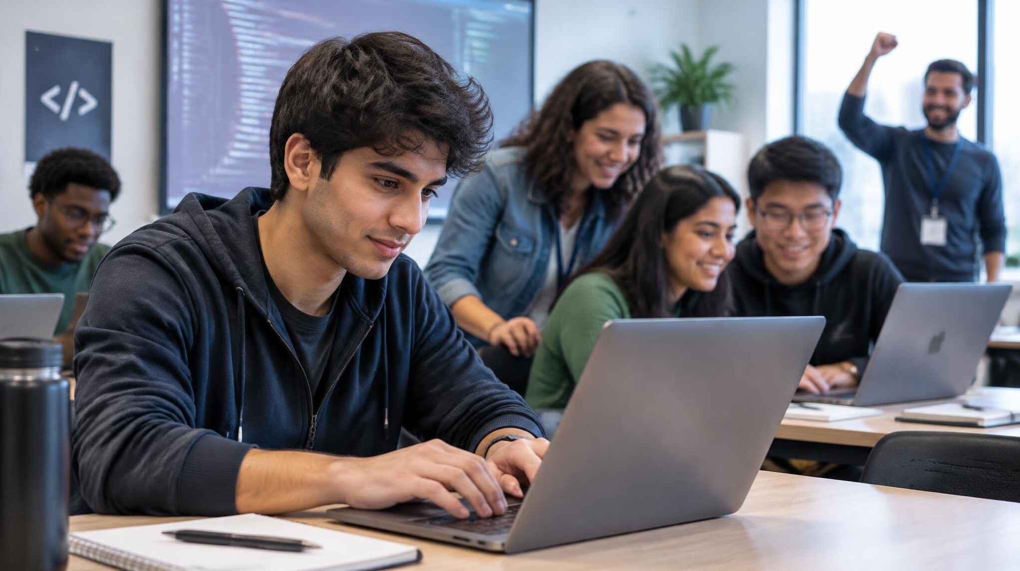 young programmer coding on laptop